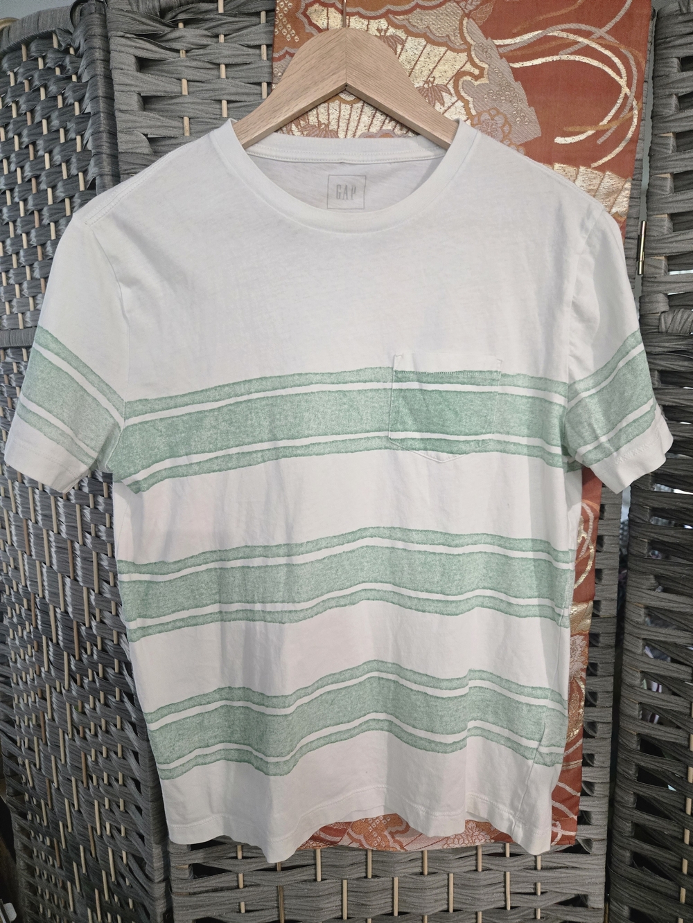 GAP Men’s Small White & Sage Green Striped Pocket T-Shirt